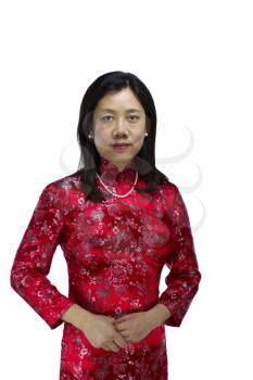 Asian Woman wearing traditional red chinese dress on white background