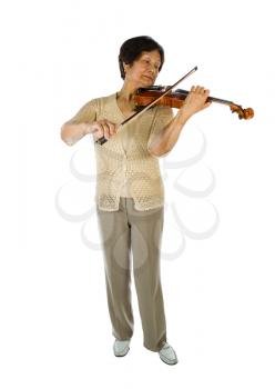 Vertical photo of a senior woman playing the violin on white background