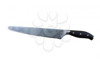 Horizontal photo of large serrated knife isolated on white 