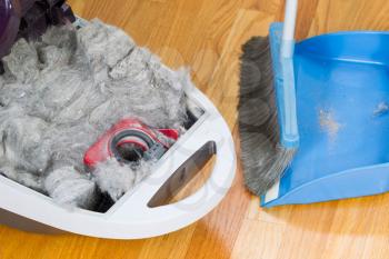 Horizontal photo completely filled dirty vacuum cleaner with hardwood floors, dust pan and broom in background 