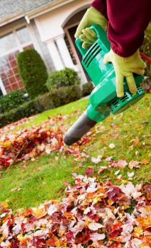 Vertical photo of electrical blower, gloved hands holding, cleaning leaves from front yard with house in background