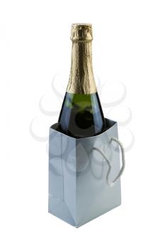 Vertical photo of an unopened bottle of wine in a gift bag isolated on white