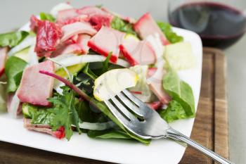 Closeup horizontal photo of fresh salad consisting of pork slices, yellow squash, onions, and greens with red wine in background 