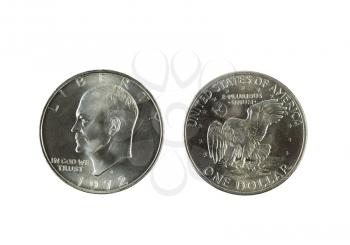 Closeup photo of Eisenhower Silver Dollars, obverse and reverse sides, isolated on white  