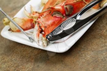 Closeup horizontal photo of freshly cooked Dungeness crab legs on white plate with stainless crab crackers and stone counter top underneath  