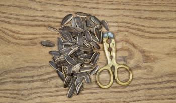 Horizontal top view, photo of sunflower seeds and brass hand tool to unshelled seeds on aged wood 