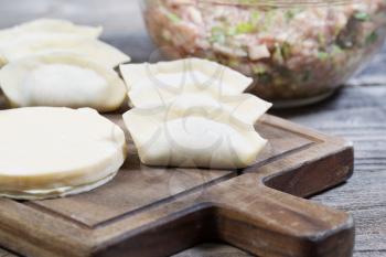 Closeup horizontal photo of homemade traditional Chinese Dumplings in wrappers being made from raw ingredients 