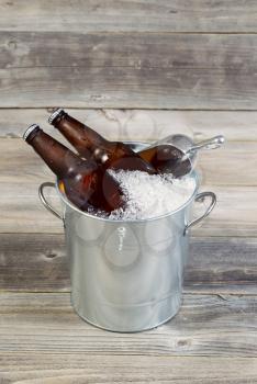 Vertical view of two unopened bottles of beer sitting inside metal bucket filled with crushed iced and rustic wood in background 