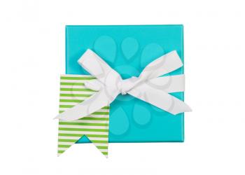 Top view of new aqua color wrapped gift box and white bow isolated on white 