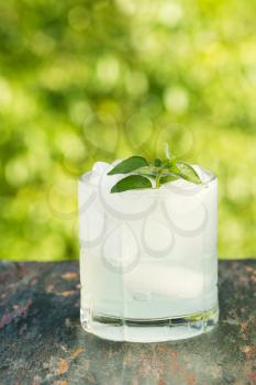 Vertical view of a refreshing ice cold drink in glass, resting on natural stone slate, with mint leafs and bright green trees blurred out in background