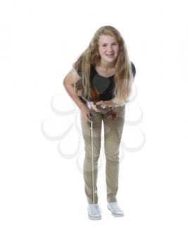 Full body front view, looking forward, of pretty young teenage girl taking a bow after playing the violin isolated on white