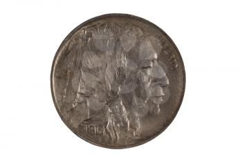 Closeup image of an American Indian Head Nickel isolated on white 