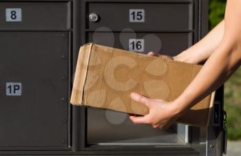 Closeup horizontal front view of female hands putting package into postal mailbox with green grass and sidewalk in background 