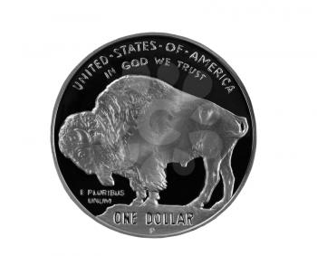 Close up of One Silver Buffalo Coin isolated on White 