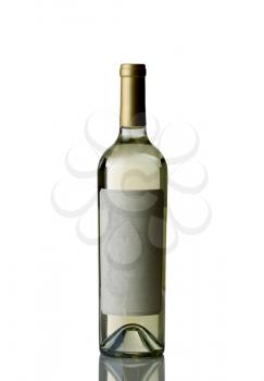 Vertical image of an unopened bottle of white wine isolated over white background with reflection