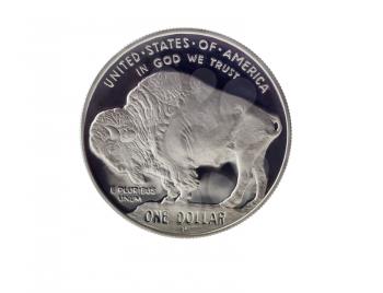 Close up of Buffalo Silver Dollar, with full rim edge, isolated on white background 