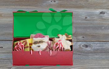 Front view of present box filled with Christmas cookies and candy canes on rustic wood 