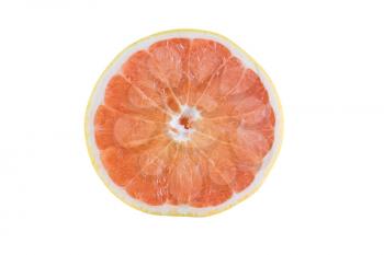 Close up of a sliced fresh grapefruit isolated on white background.