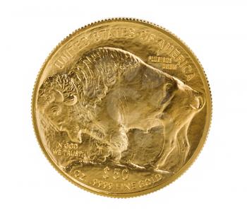 Reverse side of American Gold Buffalo coin, fine gold, isolated on pure white background. Coin in pristine condition shot in studio with macro lens.