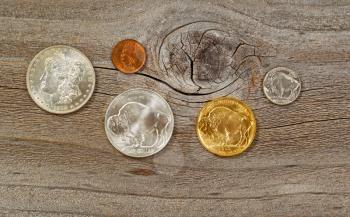 United States Mint issued American vintage coins, consisting of silver, gold and nickel metals, on rustic wood. 
