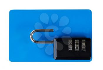 Blank plastic credit card with combination lock on top. Isolated on white. Security concept. 