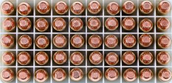 Overhead view of a box of new copper bullets in filled frame format. 