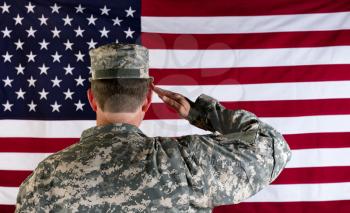 Male Veteran soldier, back to camera, saluting United States of America flag. 