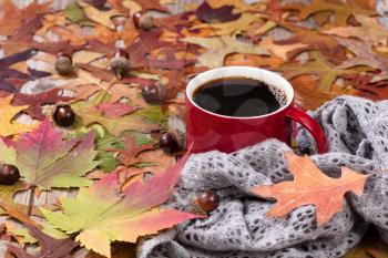 Selective focus on a large red cup of hot dark coffee and scarf with vibrant autumn leaves on rustic wood. 