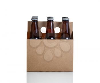 Six glass bottles of beer in brown cardboard carrier isolated on white with reflection