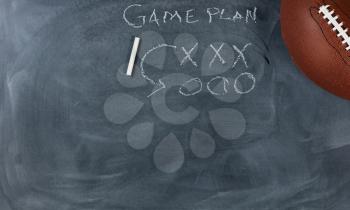 Overhead view with American sport football on chalkboard with game plan. Horizontal format with copy space. 