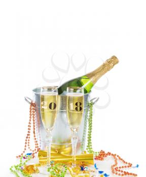 2018 New Year Celebration for two with full Champagne Glasses with year numbers on them