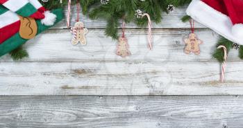 Christmas traditional decorations on rustic wood in flat lay format