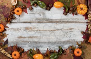 Autumn foliage with gourds, corns and acorns for Thanksgiving and fall holidays. Complete circle border background with plenty of copy space in middle