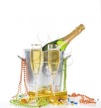 New Year Celebration for two with full Champagne Glasses on white background