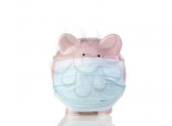Piggy bank with surgical mask isolated on white background with reflection 