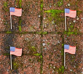 Red grunge brick stone with United States flags for border wall concept