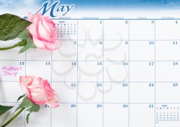 Mothers Day holiday marked on calendar with pink roses   