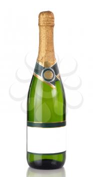 Unopen bottle of Champagne isolated on a white background with reflection in close up view 