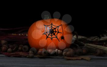 Decorated pumpkin for Halloween holiday with dark background setting