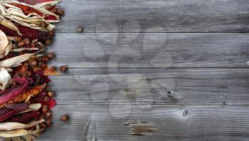 Leaves, corn and acorns on left border of weathered wood for the Thanksgiving Autumn holiday season