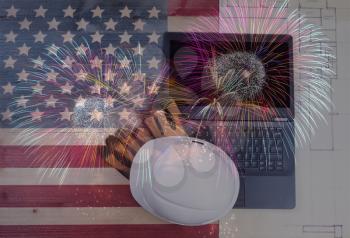 Labor Day holiday for United States of America with modern mobile technology including fireworks and national flag