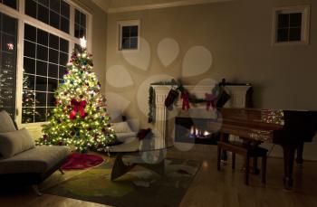 Christmas spirit in living room of home during a dark night