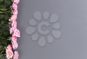Border of lovely pink roses on gray background for Mothers Day holiday concept  