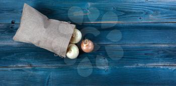 Burlap bag will sweet, onions spilling out on to blue rustic wooden table 