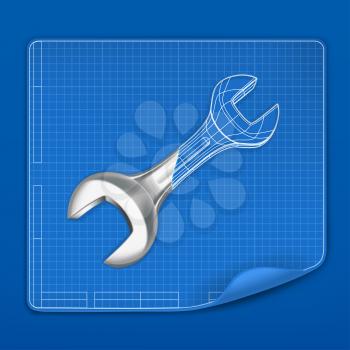 Wrench drawing blueprint, vector