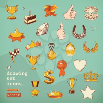 Awards and achievement, drawing set vector icons