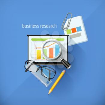 Start-up business research, analysis and solution, flat design, vector illustration