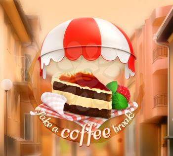 Coffee cake, an invitation to a cup of coffee, breakfast or lunch time, cafe icon on a street background with the phrase label take a coffee break written on it, vector illustration, advertising for c