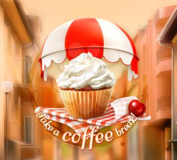 Cupcake and cherry, an invitation to a cup of coffee, breakfast or lunch time, cafe icon on a street background, vector illustration, advertising for cafe, cafe decoration, poster card