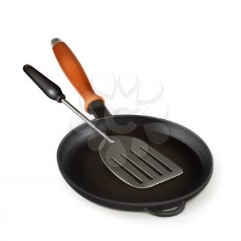 Frying pan and spatula, photo realistic vector illustration
